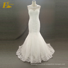 ED Bridal Hot Selling Mermaid Cap Sleeve Covered Botões Voltar Lace Appliqued Tulle Wedding Dress Nupcial